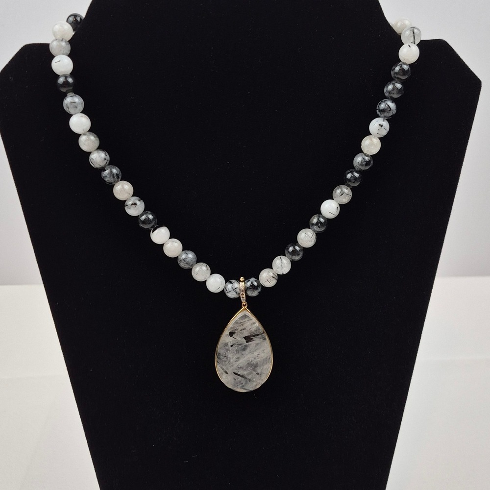 MLD Beaded Necklace Women 18" Rutilated Quartz Removable Pendant‎ 925 Thailand